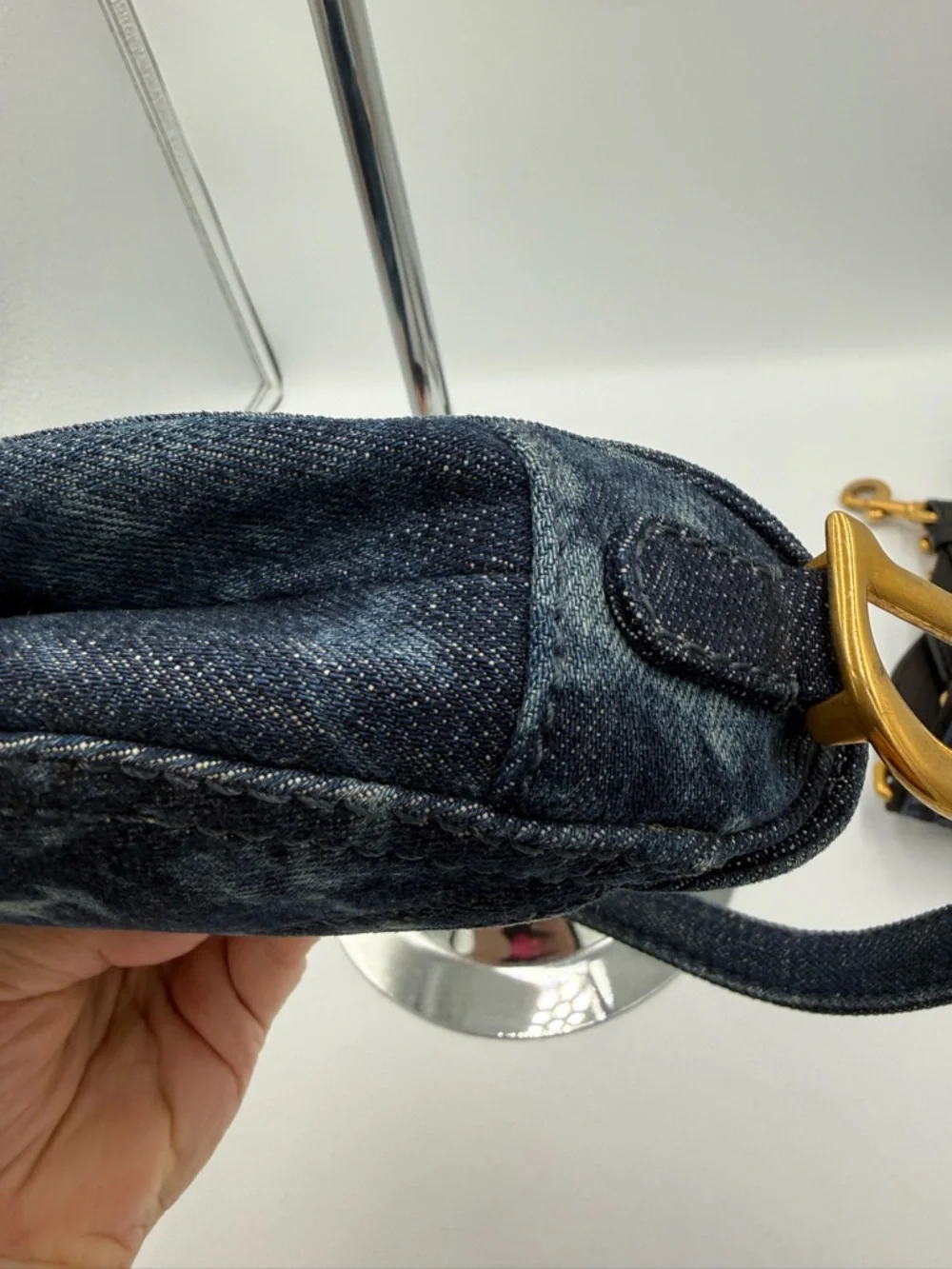 Dior Navy Denim Tie Dyed Saddle Mini Bag with Gold D Charm and Strap - Picture 9 of 16